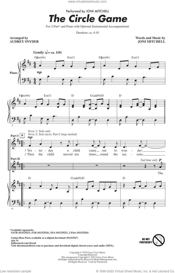 The Circle Game (arr. Audrey Snyder) sheet music for choir (2-Part) by Joni Mitchell and Audrey Snyder, intermediate duet