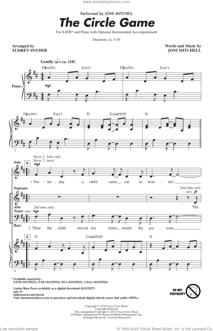 The Circle Game (arr. Audrey Snyder) sheet music for choir (SATB: soprano, alto, tenor, bass) by Joni Mitchell and Audrey Snyder, intermediate skill level