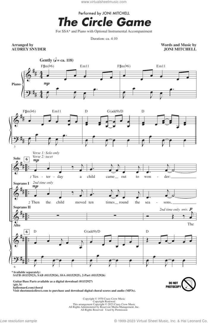The Circle Game (arr. Audrey Snyder) sheet music for choir (SSA: soprano, alto) by Joni Mitchell and Audrey Snyder, intermediate skill level