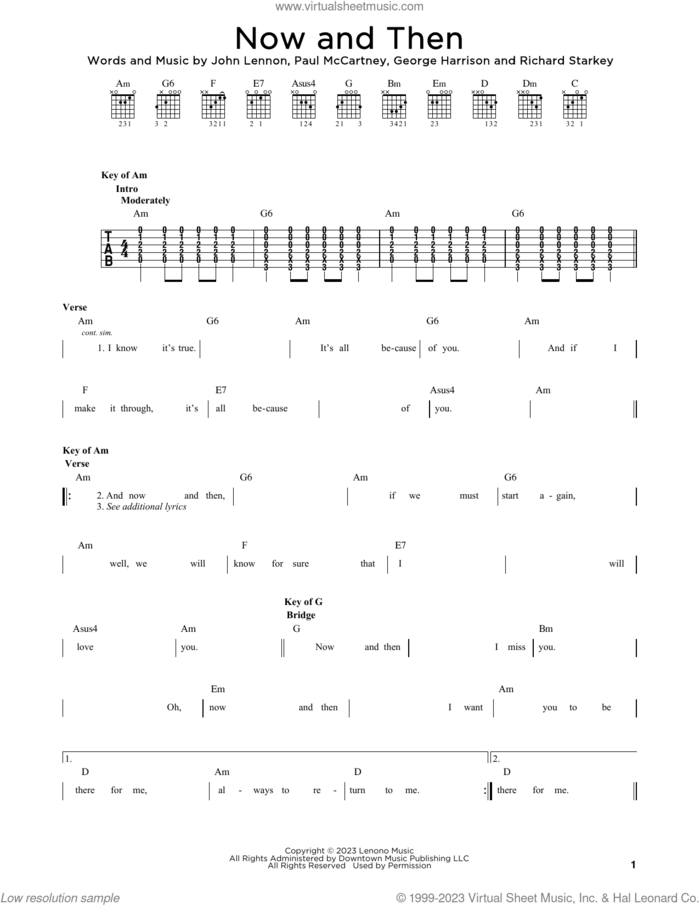 Now And Then sheet music for guitar solo (lead sheet) by The Beatles, George Harrison, John Lennon, Paul McCartney and Richard Starkey, intermediate guitar (lead sheet)