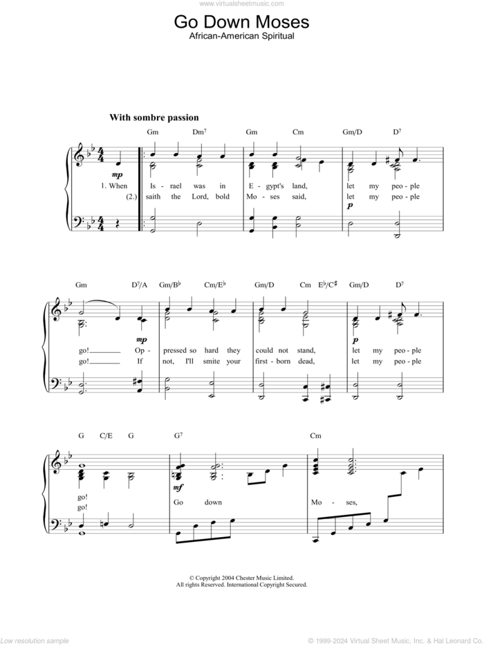 Go Down Moses sheet music for piano solo, easy skill level