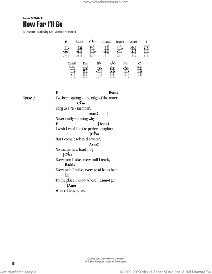 How Far I'll Go (from Moana) sheet music for ukulele (chords) by Lin-Manuel Miranda and Alessia Cara, intermediate skill level