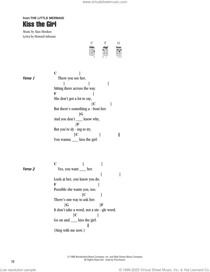 Kiss The Girl (from The Little Mermaid) sheet music for ukulele (chords) by Alan Menken & Howard Ashman, Alan Menken and Howard Ashman, intermediate skill level