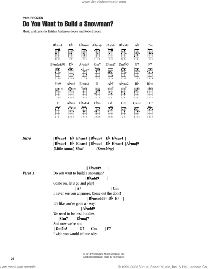 Do You Want To Build A Snowman? (from Frozen) sheet music for ukulele (chords) by Kristen Bell, Agatha Lee Monn & Katie Lopez, Kristen Anderson-Lopez and Robert Lopez, intermediate skill level