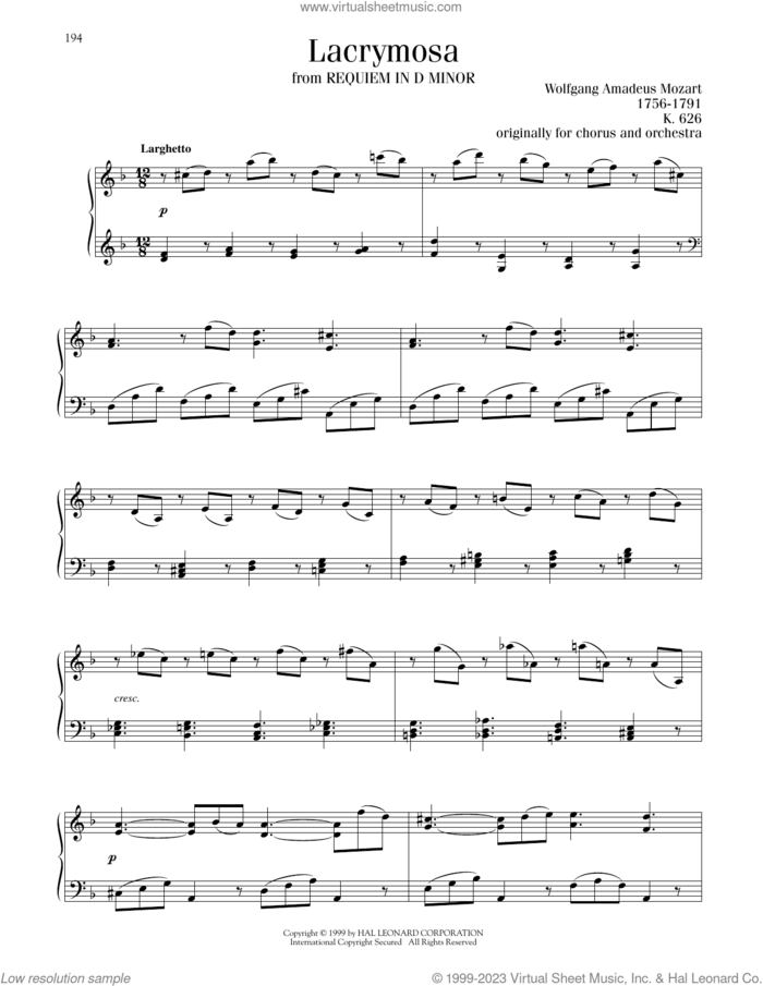 Lacrymosa sheet music for piano solo by Wolfgang Amadeus Mozart, classical score, intermediate skill level