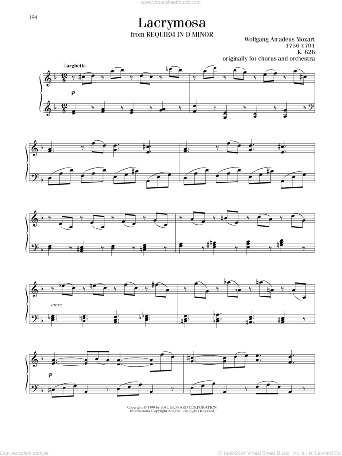 Lacrymosa, (intermediate) sheet music for piano solo by Wolfgang Amadeus Mozart, classical score, intermediate skill level