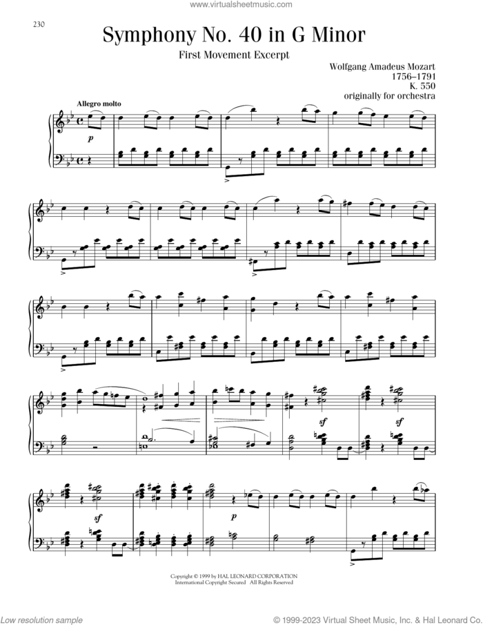 Symphony No. 40 In G Minor, First Movement Excerpt, (intermediate) sheet music for piano solo by Wolfgang Amadeus Mozart, classical score, intermediate skill level