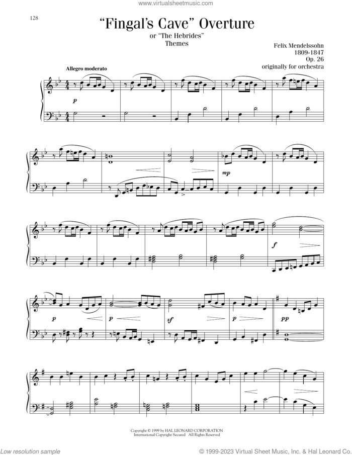 Fingal's Cave Overture sheet music for piano solo by Felix Mendelssohn-Bartholdy, classical score, intermediate skill level