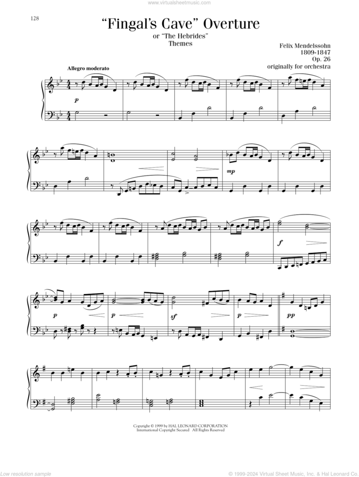 Fingal's Cave Overture sheet music for piano solo by Felix Mendelssohn-Bartholdy, classical score, intermediate skill level