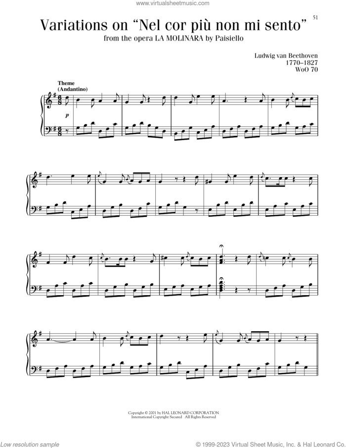 Six Variations On 'Nel Cor Piu Non Mi Sento' sheet music for piano solo by Ludwig van Beethoven, classical score, intermediate skill level