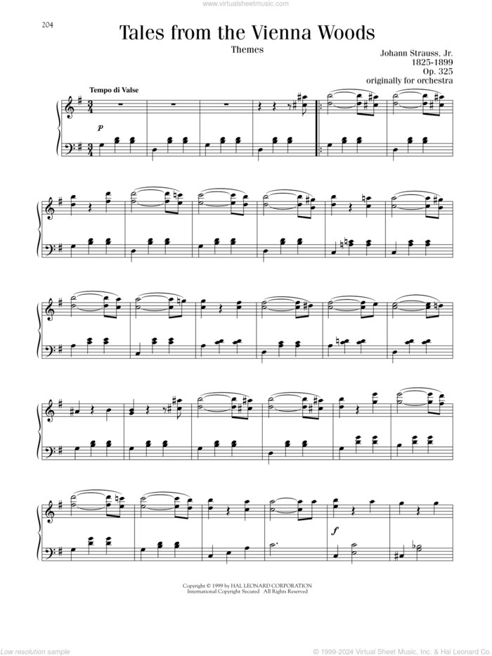 Tales From The Vienna Woods sheet music for piano solo by Johann Strauss, Jr., classical score, intermediate skill level