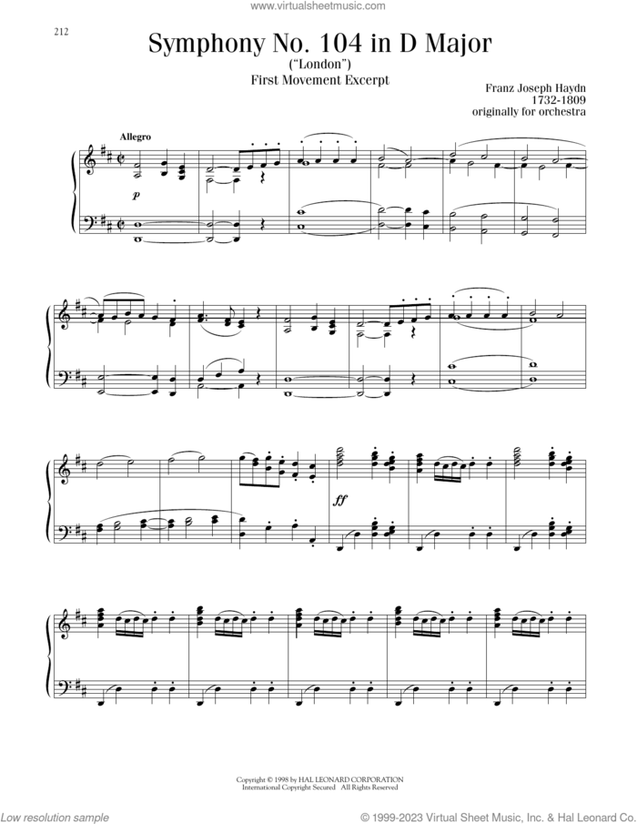 Symphony No. 104 in D Major ('London'), First Movement Excerpt sheet music for piano solo by Franz Joseph Haydn, classical score, intermediate skill level