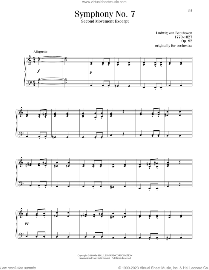Symphony No. 7 In A Major, Second Movement (Allegretto), (intermediate) sheet music for piano solo by Ludwig van Beethoven, classical score, intermediate skill level