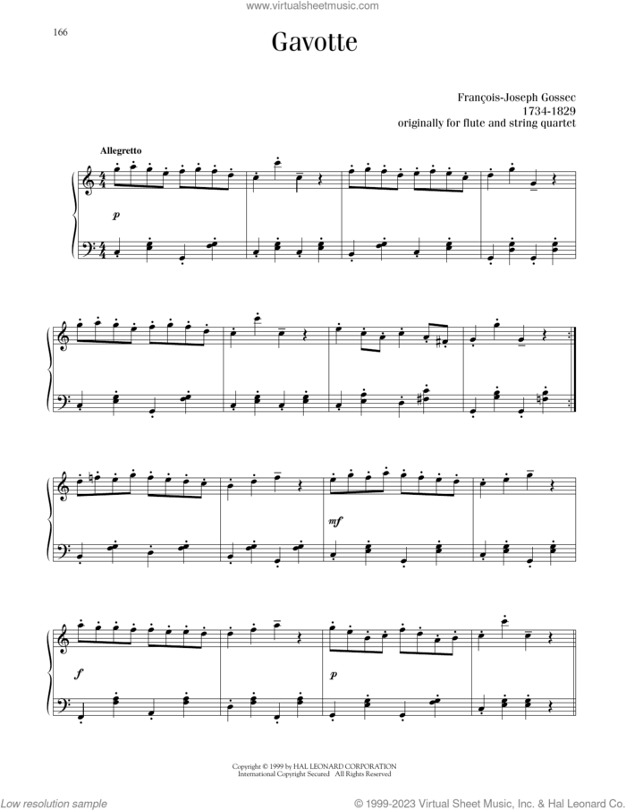 Gavotte sheet music for piano solo by Francois-Joseph Gossec, classical score, intermediate skill level