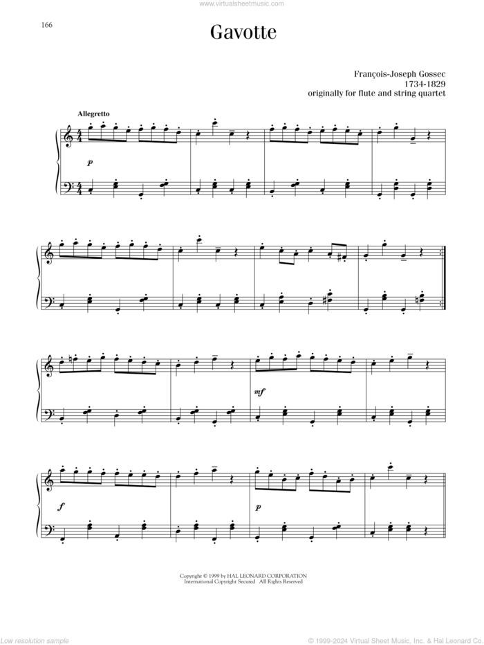 Gavotte sheet music for piano solo by Francois-Joseph Gossec, classical score, intermediate skill level