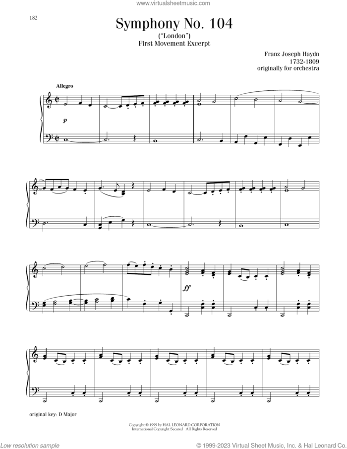 Symphony No. 104 in D Major ('London'), First Movement Excerpt sheet music for piano solo by Franz Joseph Haydn, classical score, intermediate skill level