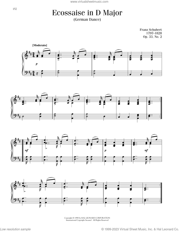 Ecossaise in D Major, Op. 33, No. 2 (German Dance) sheet music for piano solo by Franz Schubert, classical score, intermediate skill level