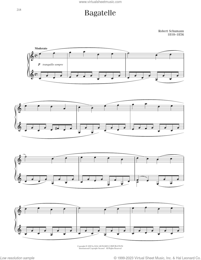 Bagatelle sheet music for piano solo by Robert Schumann, classical score, intermediate skill level