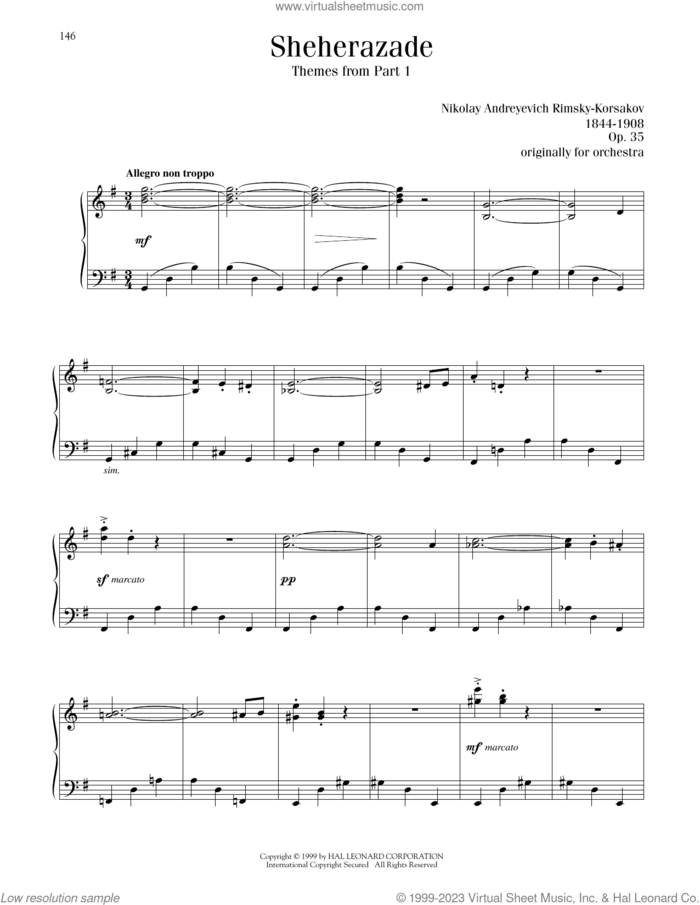 Sheherazade, Themes from Part 1 sheet music for piano solo by Nikolay A. Rimsky-Korsakov, classical score, intermediate skill level