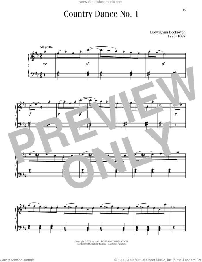 Country Dance sheet music for piano solo by Ludwig van Beethoven, classical score, intermediate skill level