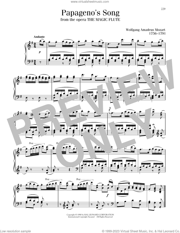 Ein Madchen Oder Weibchen (Papageno's Song) sheet music for piano solo by Wolfgang Amadeus Mozart, classical score, intermediate skill level