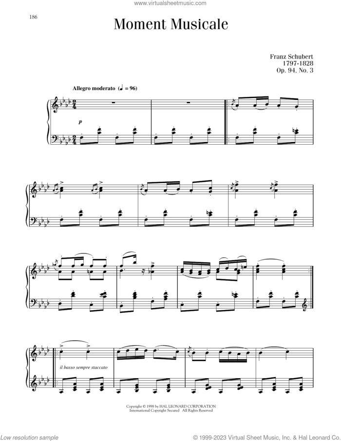 Moment Musicale, Op. 94, No. 3 sheet music for piano solo by Franz Schubert, classical score, intermediate skill level