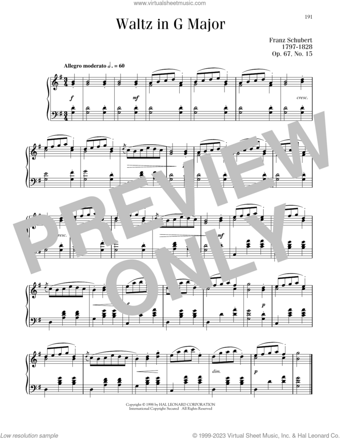 Waltz In G Major, Op. 67, No. 15 sheet music for piano solo by Franz Schubert, classical score, intermediate skill level