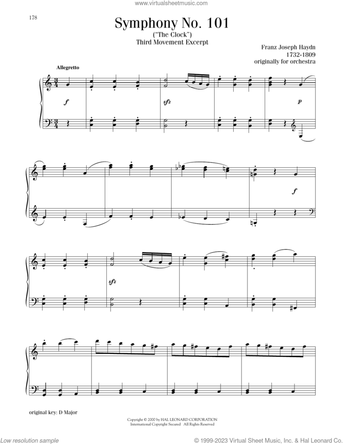 Symphony No. 101 ('The Clock'), Third Movement Excerpt sheet music for piano solo by Franz Joseph Haydn, classical score, intermediate skill level