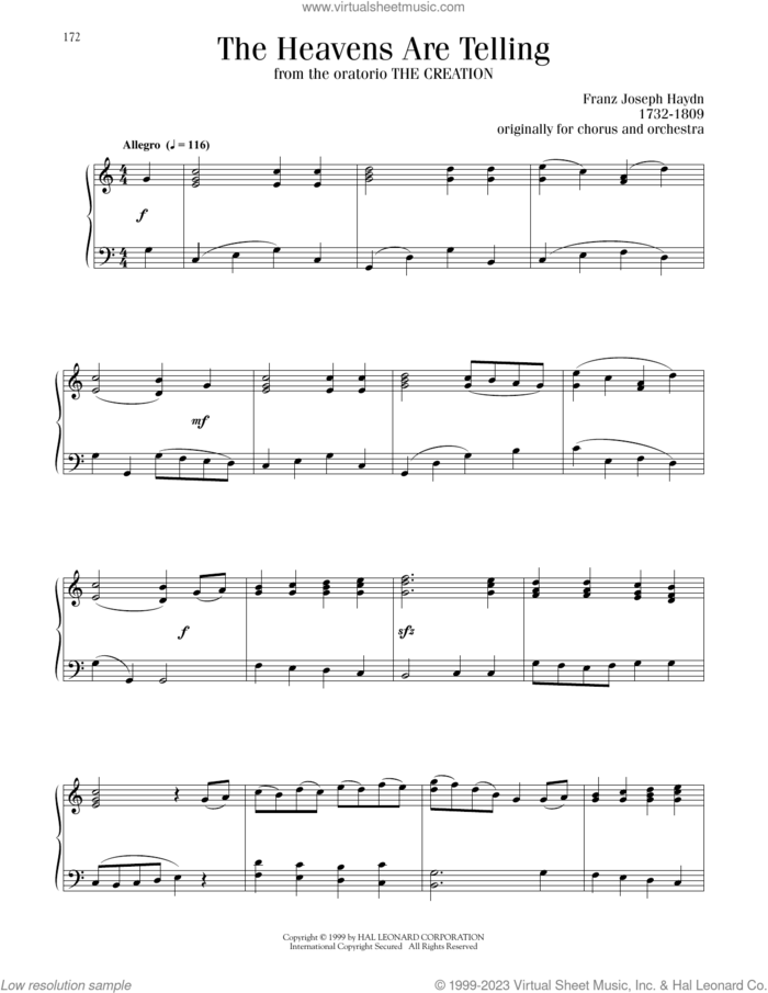 The Heavens Are Telling sheet music for piano solo by Franz Joseph Haydn, classical score, intermediate skill level