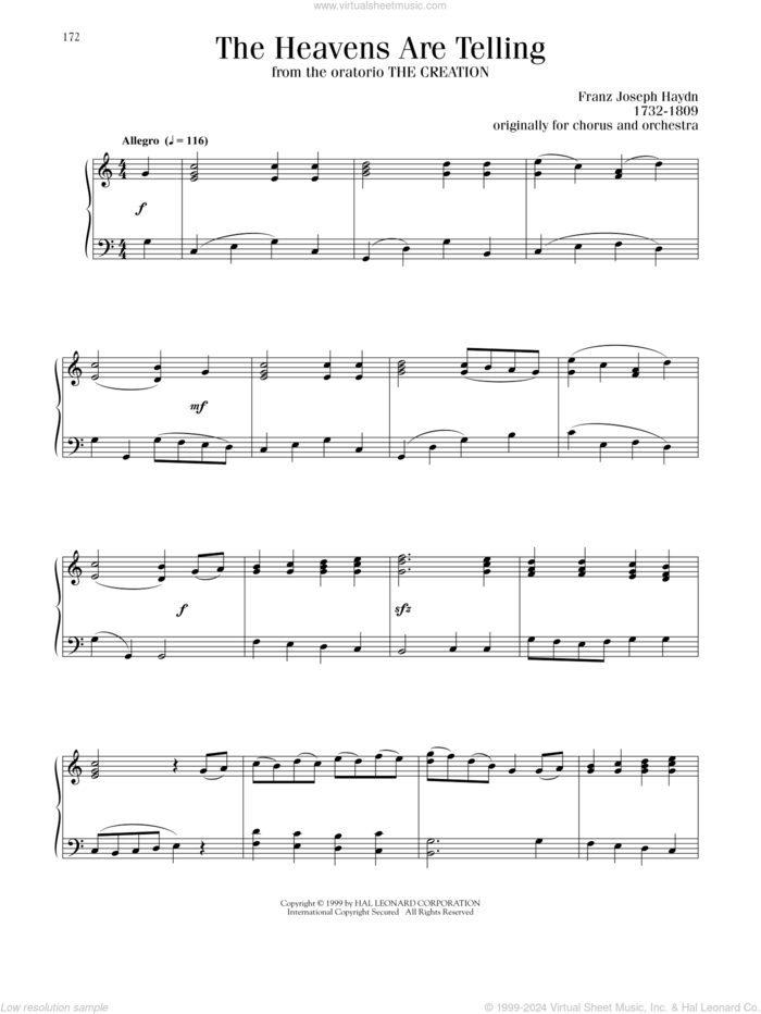 The Heavens Are Telling sheet music for piano solo by Franz Joseph Haydn, classical score, intermediate skill level