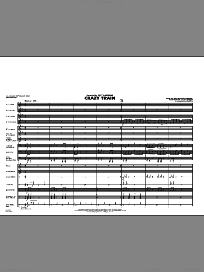 Crazy Train (COMPLETE) sheet music for marching band by Ozzy Osbourne, Bob Daisley, Randy Rhoads and Paul Murtha, intermediate skill level