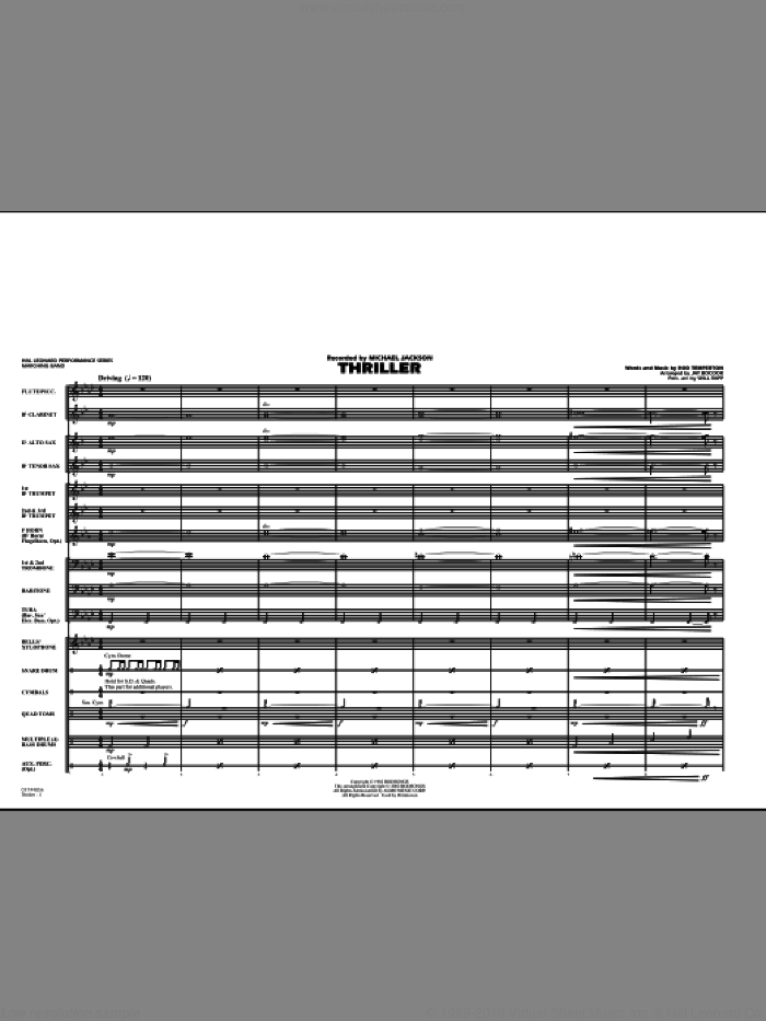 Thriller (COMPLETE) sheet music for marching band by Jay Bocook, Rod Temperton, Michael Jackson and Will Rapp, intermediate skill level