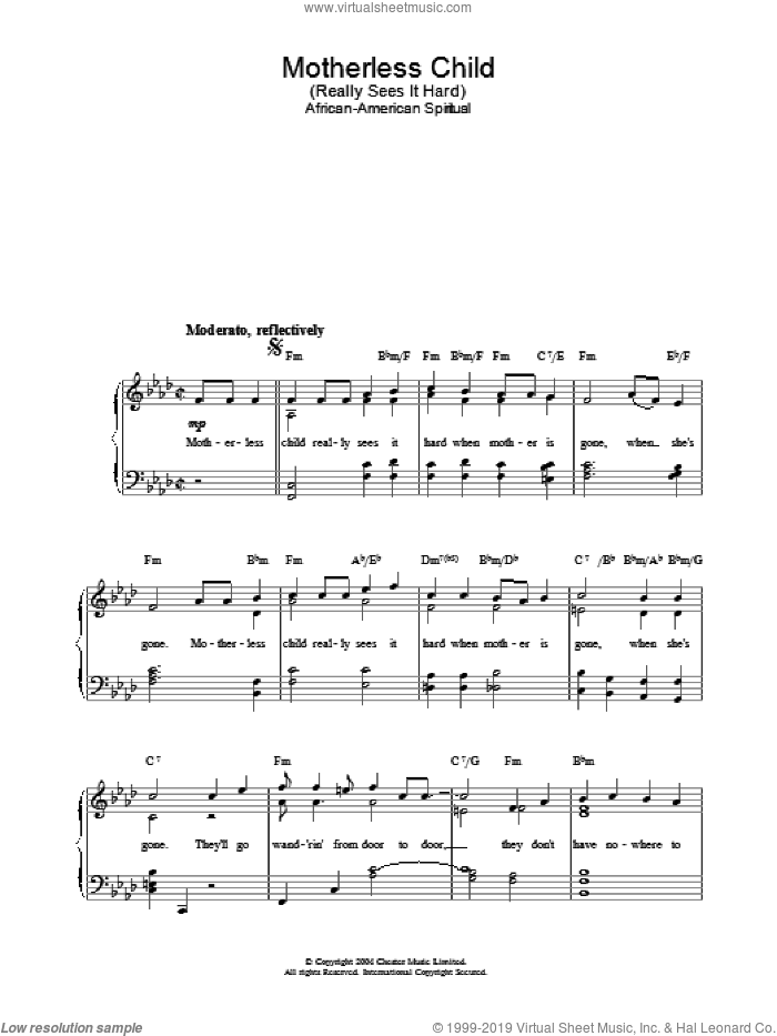 Motherless Child sheet music for piano solo, easy skill level