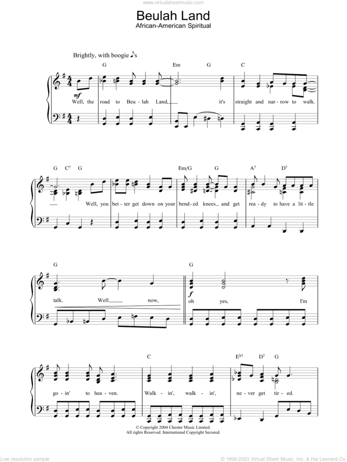 Beulah Land sheet music for piano solo, easy skill level