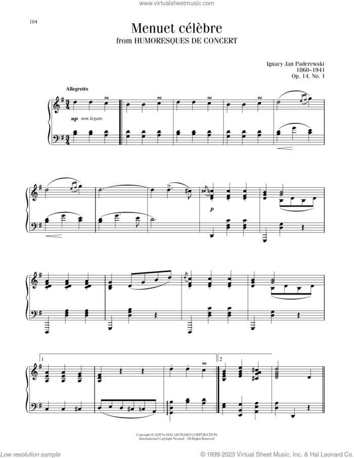 Minuet In G (Menuet) sheet music for piano solo by Ignacy Jan Paderewski, classical score, intermediate skill level