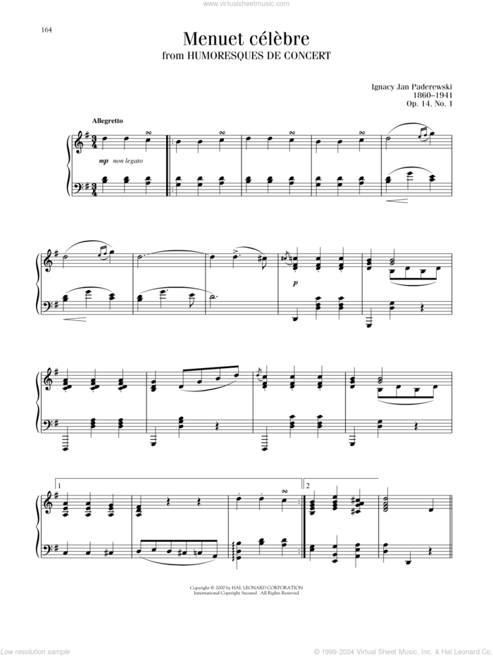 Minuet In G (Menuet) sheet music for piano solo by Ignacy Jan Paderewski, classical score, intermediate skill level