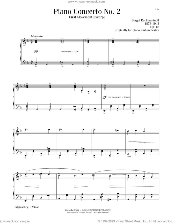 Piano Concerto No. 2, First Movement Excerpt sheet music for piano solo by Serjeij Rachmaninoff, classical score, intermediate skill level