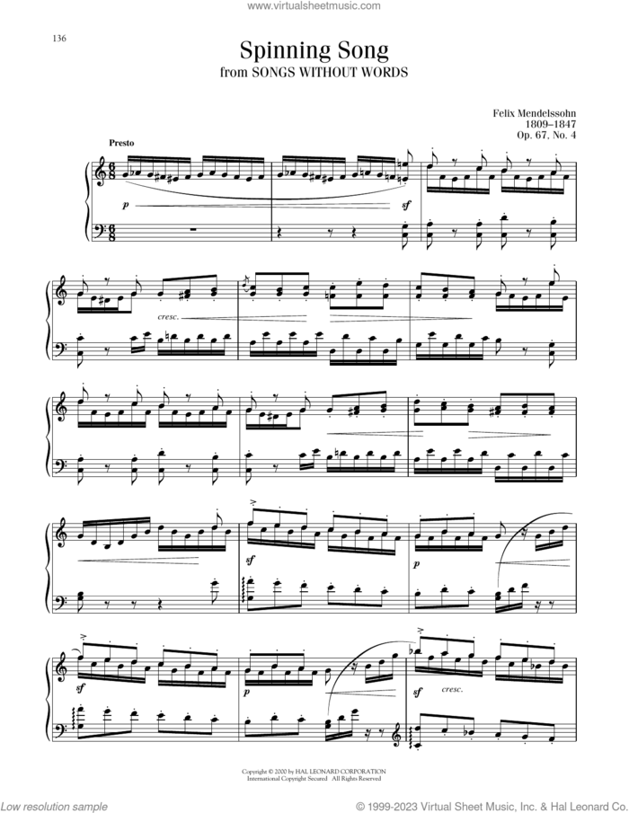 Spinning Song sheet music for piano solo by Felix Mendelssohn-Bartholdy, classical score, intermediate skill level