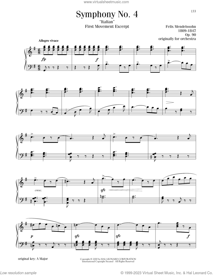 Symphony No. 4 ('Italian'), First Movement Excerpt sheet music for piano solo by Felix Mendelssohn-Bartholdy, classical score, intermediate skill level