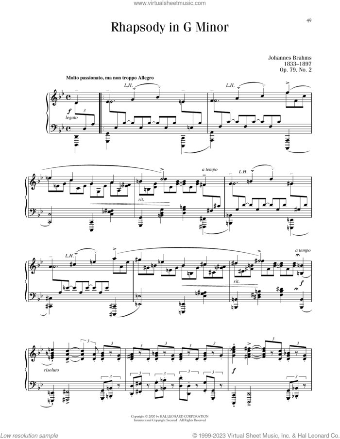 Rhapsody In G Minor, Op. 79, No. 2 sheet music for piano solo by Johannes Brahms, classical score, intermediate skill level