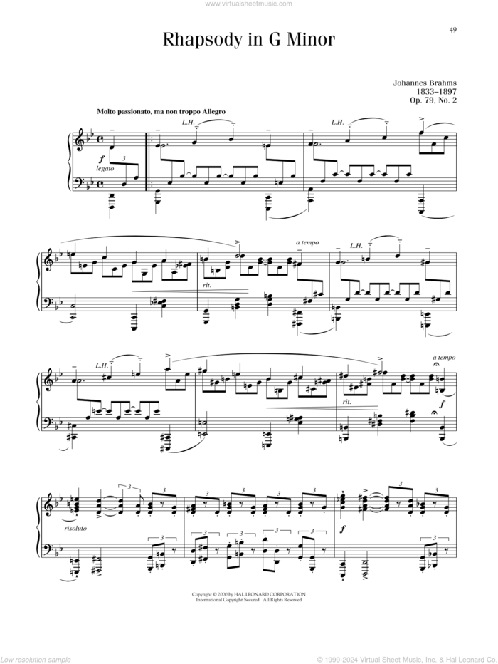 Rhapsody In G Minor, Op. 79, No. 2 sheet music for piano solo by Johannes Brahms, classical score, intermediate skill level