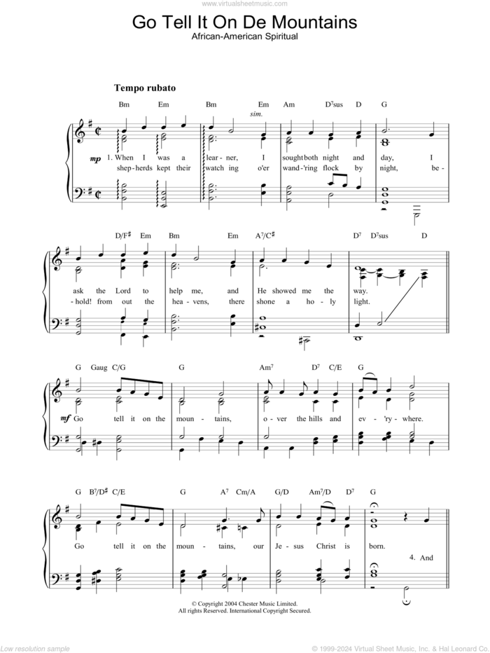 Go Tell It On De Mountains sheet music for piano solo, easy skill level