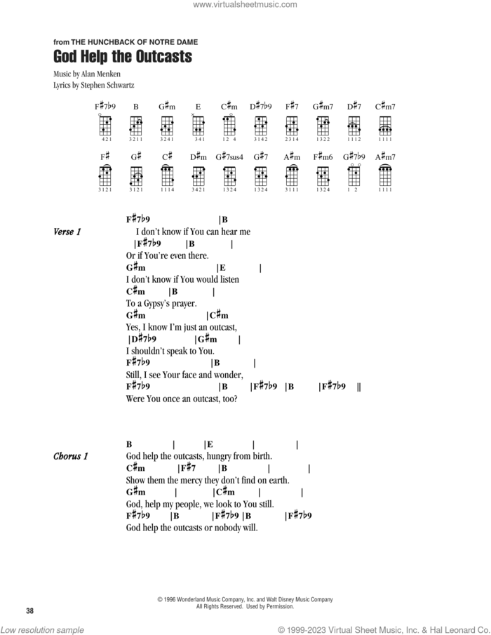 God Help The Outcasts (from The Hunchback Of Notre Dame) sheet music for ukulele (chords) by Bette Midler, Alan Menken and Stephen Schwartz, intermediate skill level