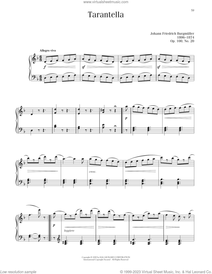 Tarantella, Op. 100, No. 20 sheet music for piano solo by Friedrich Johann Franz Burgmuller, classical score, intermediate skill level