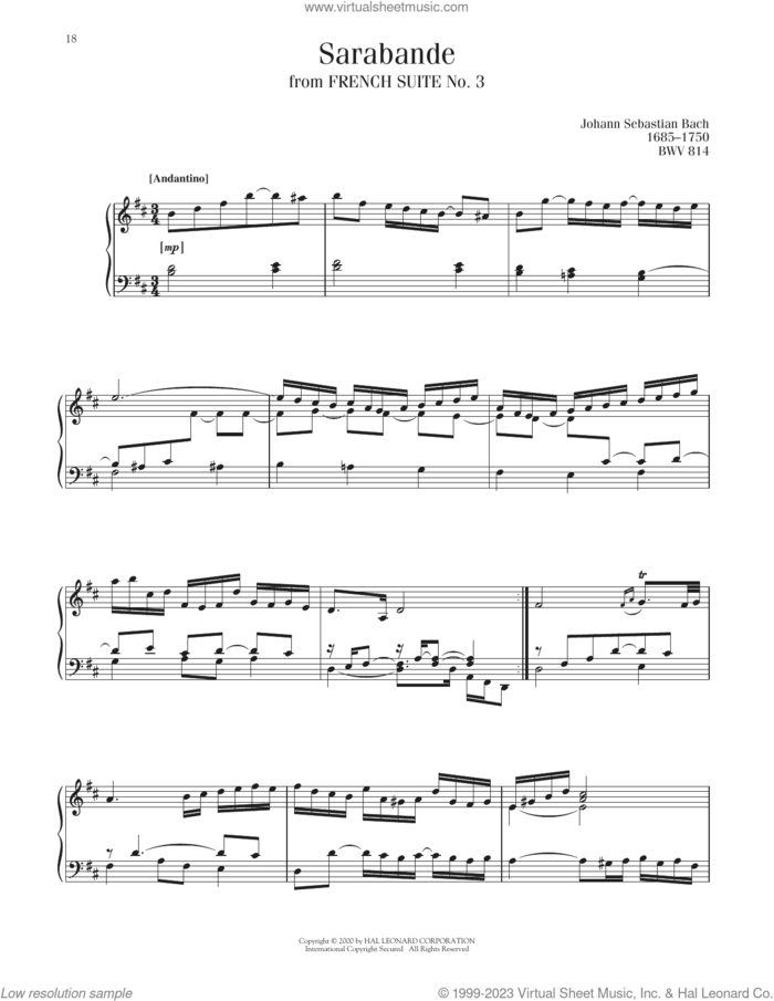 Sarabande, BWV 814 sheet music for piano solo by Johann Sebastian Bach, classical score, intermediate skill level