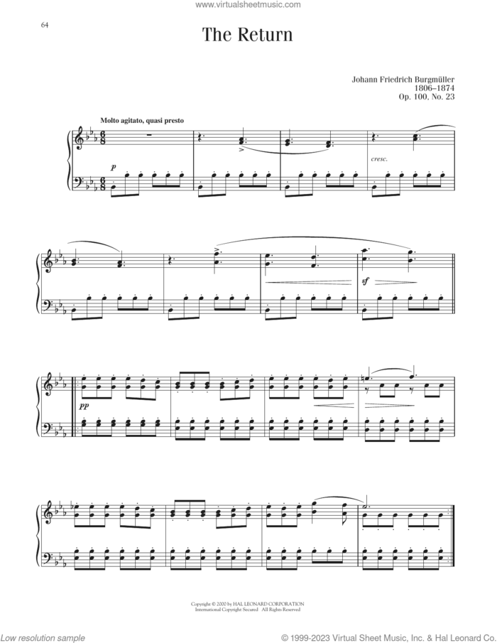 The Return, Op. 100, No. 23 sheet music for piano solo by Friedrich Johann Franz Burgmuller, classical score, intermediate skill level