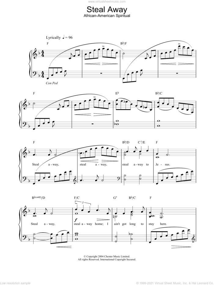 Steal Away sheet music for piano solo, easy skill level