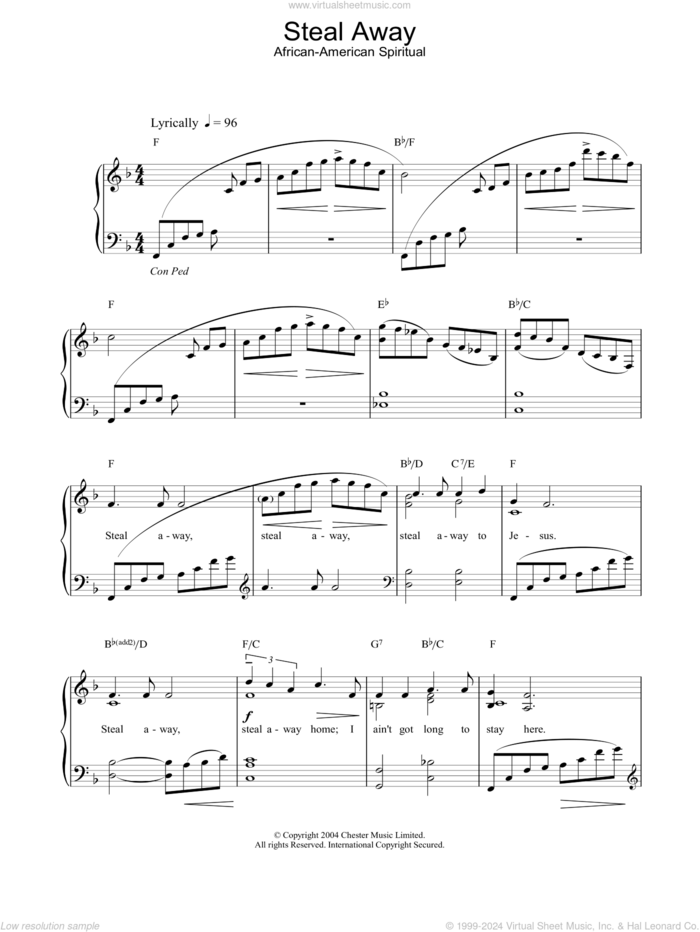 Steal Away sheet music for piano solo, easy skill level