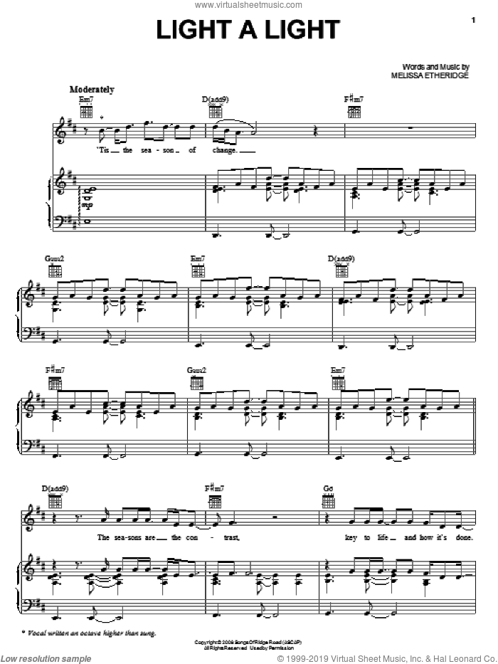 Light A Light sheet music for voice, piano or guitar by Melissa Etheridge, intermediate skill level