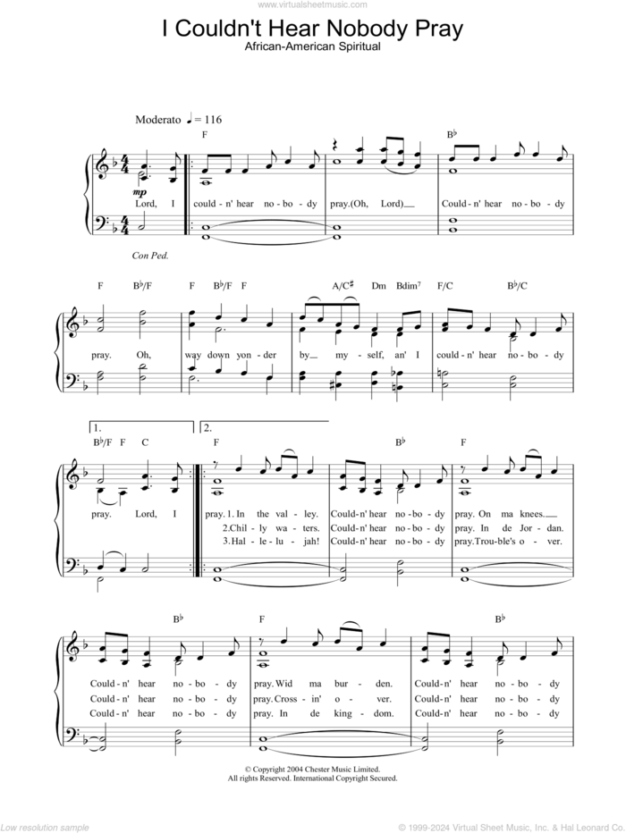 I Couldn't Hear Nobody Pray sheet music for piano solo, easy skill level